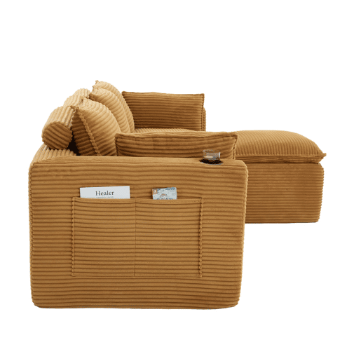 Sofá modular de 3 lugares com otomana u2014 almofadas, porta-copos, bolsos laterais, espuma e molas u2014 veludo de pana laranja Sofá modular de 3 lugares com otomana u2014 almofadas, porta-copos, bolsos laterais, espuma e molas u2014 veludo de pana laranja