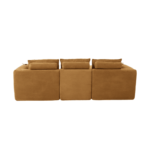 Sofá modular de 3 lugares com otomana u2014 almofadas, porta-copos, bolsos laterais, espuma e molas u2014 veludo de pana laranja Sofá modular de 3 lugares com otomana u2014 almofadas, porta-copos, bolsos laterais, espuma e molas u2014 veludo de pana laranja