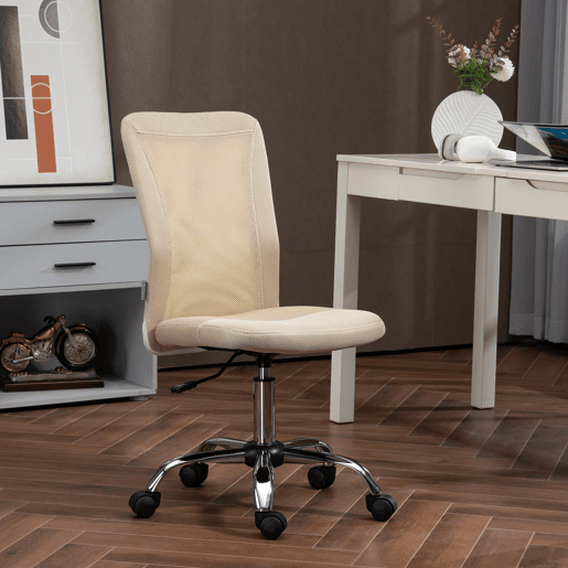 Cadeira de escritório giratória sem braços, cadeira de tela com altura ajustável, capacidade de carga de 100 kg, 43x58x90-100 cm, bege Cadeira de escritório giratória sem braços, cadeira de tela com altura ajustável, capacidade de carga de 100 kg, 43x58x90-100 cm, bege