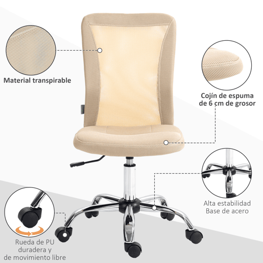 Cadeira de escritório giratória sem braços, cadeira de tela com altura ajustável, capacidade de carga de 100 kg, 43x58x90-100 cm, bege Cadeira de escritório giratória sem braços, cadeira de tela com altura ajustável, capacidade de carga de 100 kg, 43x58x90-100 cm, bege