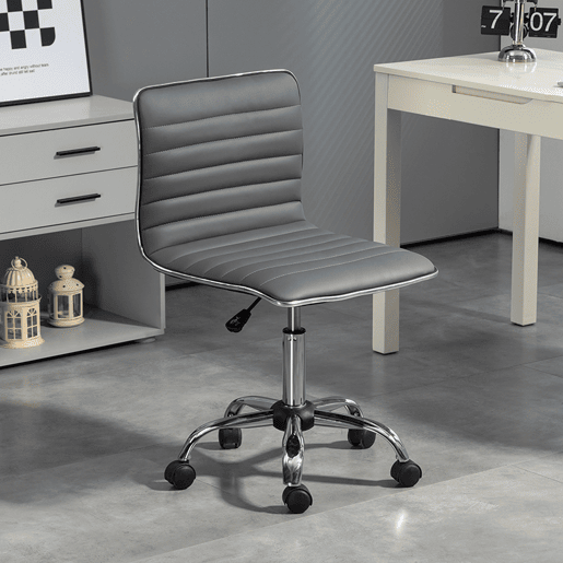 Cadeira de escritório giratória sem braços com altura ajustável, estofada em PU, capacidade de carga de 120 kg, cinza escuro.