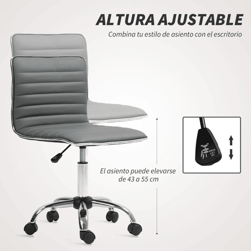 Cadeira de escritório giratória sem braços com altura ajustável, estofada em PU, capacidade de carga de 120 kg, cinza escuro.