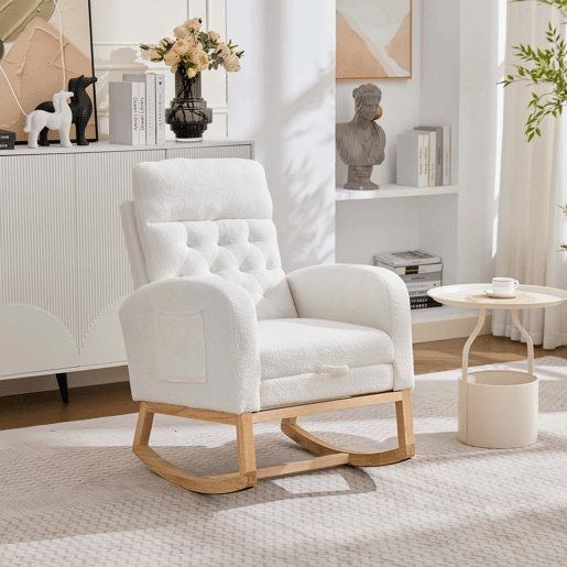 Cadeira de baloiço para amamentação 65,6 x 123 x 102 cm - tecido felpudo com padrão de ursinhos, apoio para os pés ajustável, bolsos laterais - branco