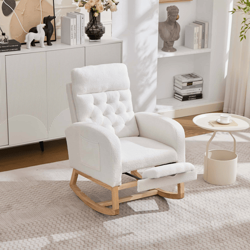 Cadeira de baloiço para amamentação 65,6 x 123 x 102 cm - tecido felpudo com padrão de ursinhos, apoio para os pés ajustável, bolsos laterais - branco