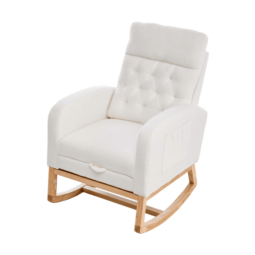 Cadeira de baloiço para amamentação 65,6 x 123 x 102 cm - tecido felpudo com padrão de ursinhos, apoio para os pés ajustável, bolsos laterais - branco