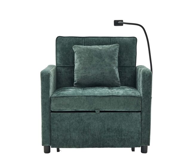 Sillón cama individual 2 en 1 1 plaza - con cojines, bolsillos laterales, mesita auxiliar y bolsa de almacenamiento - verde chenilla