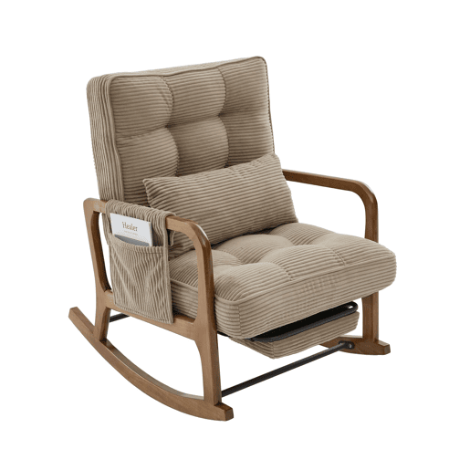 Poltrona de baloiço com apoio para os pés em veludo cotelê, 70 cm u2014 ergonómica, com almofada lombar, encosto ajustável e bolsos laterais u2014 cor cáqui
