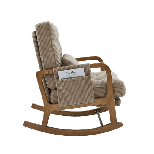 Poltrona de baloiço com apoio para os pés em veludo cotelê, 70 cm u2014 ergonómica, com almofada lombar, encosto ajustável e bolsos laterais u2014 cor cáqui