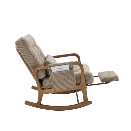 Poltrona de baloiço com apoio para os pés em veludo cotelê, 70 cm u2014 ergonómica, com almofada lombar, encosto ajustável e bolsos laterais u2014 cor cáqui