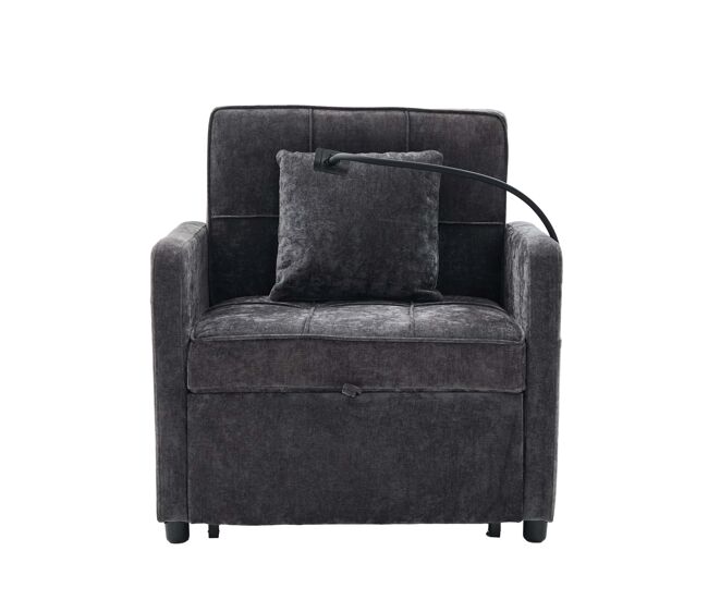 Sillón cama 2 en 1 individual - con cojines, bolsillos laterales, mesa auxiliar y bolsa de almacenamiento lateral - chenilla gris oscuro
