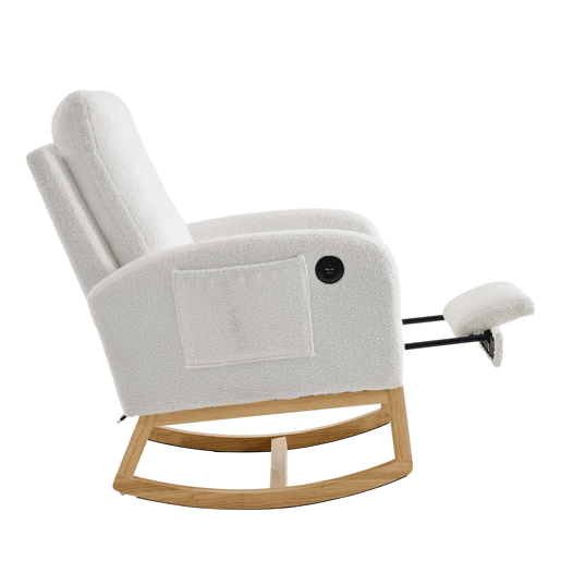 Cadeira de baloiço 66,5 x 121,5 x 102 cm - USB, tecido com padrão de ursinhos, apoio para os pés ajustável, bolsos - branca