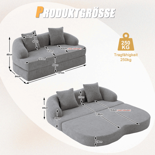 Sofá-cama rápido de 2 lugares - sofá-cama dobrável duplo com 2 almofadas de chenille multifuncional para a sala de estar e o quarto de hóspedes - cinzento claro Sofá-cama rápido de 2 lugares - sofá-cama dobrável duplo com 2 almofadas de chenille multifuncional para a sala de estar e o quarto de hóspedes - cinzento claro