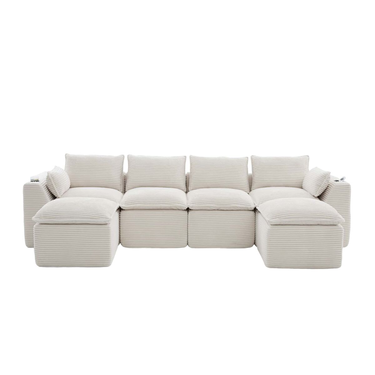 Sofá modular 4 plazas - 2 pufs, portavasos, bolsillos, espuma/muelles, rebote rápido - beige