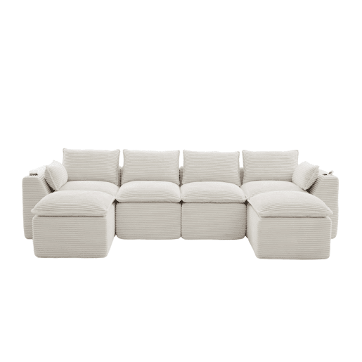 Sofá modular de 4 lugares - 2 pufes, porta-copos, bolsos, espumamolas, recuperação rápida - bege