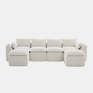 Sofá modular de 4 lugares - 2 pufes, porta-copos, bolsos, espumamolas, recuperação rápida - bege