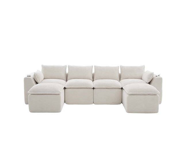 Sofá modular 4 plazas - 2 pufs, portavasos, bolsillos, espuma/muelles, rebote rápido - beige