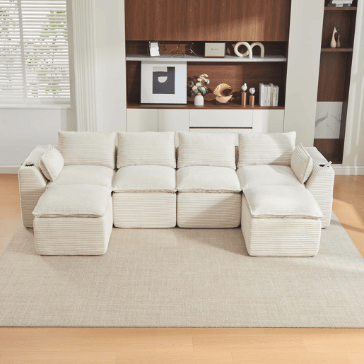Sofá modular de 4 lugares - 2 pufes, porta-copos, bolsos, espumamolas, recuperação rápida - bege