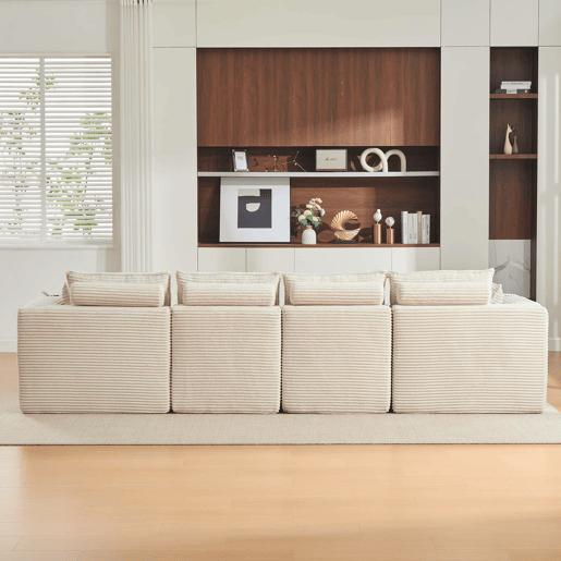 Sofá modular de 4 lugares - 2 pufes, porta-copos, bolsos, espumamolas, recuperação rápida - bege
