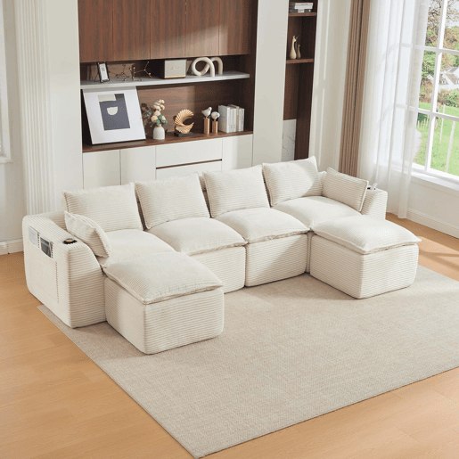Sofá modular de 4 lugares - 2 pufes, porta-copos, bolsos, espumamolas, recuperação rápida - bege
