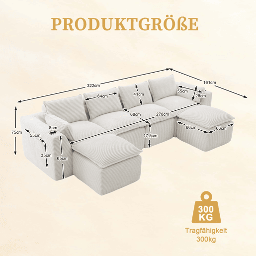Sofá modular de 4 lugares - 2 pufes, porta-copos, bolsos, espumamolas, recuperação rápida - bege