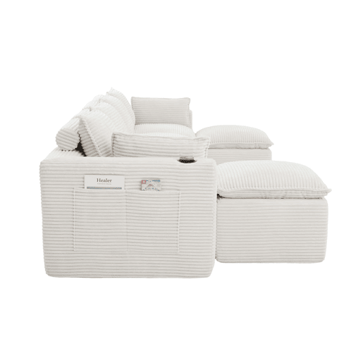 Sofá modular de 4 lugares - 2 pufes, porta-copos, bolsos, espumamolas, recuperação rápida - bege