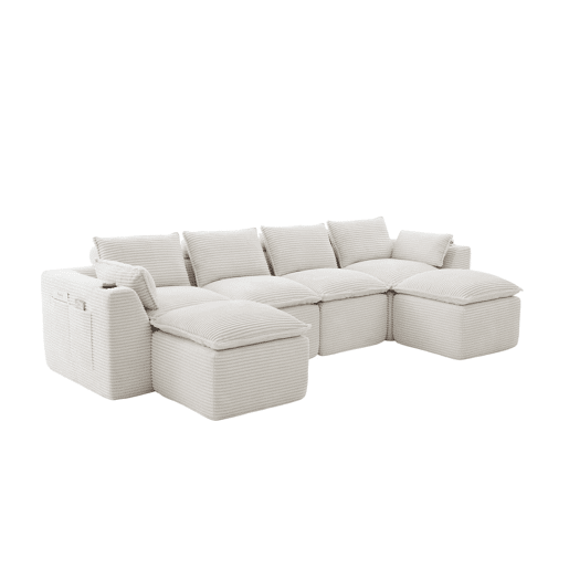Sofá modular de 4 lugares - 2 pufes, porta-copos, bolsos, espumamolas, recuperação rápida - bege