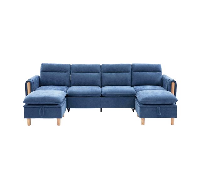 Sofá modular en u 4 plazas - con 2 pufs con almacenamiento, patas de madera, sofá de chenilla cómodo - azul
