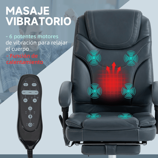 Cadeira de escritório com massagem, 6 pontos de vibração, estofada em couro PU, com apoio para os pés, 67x67x121 cm, cinza