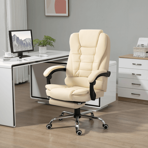 Cadeira de escritório com apoio para os pés, cadeira executiva giratória com altura ajustável, estofamento e apoios de braço em PU, cor creme. Cadeira de escritório com apoio para os pés, cadeira executiva giratória com altura ajustável, estofamento e apoios de braço em PU, cor creme.