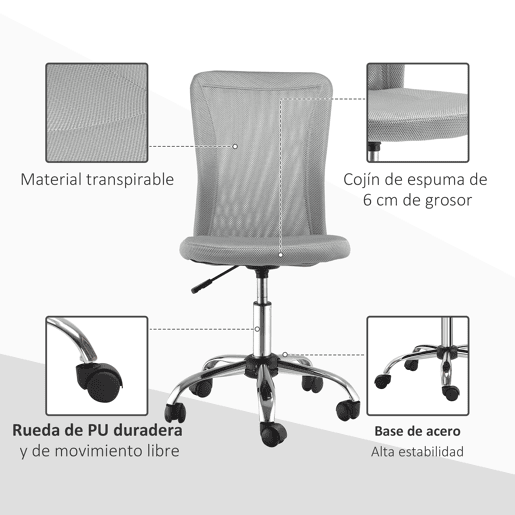 Cadeira de escritório giratória sem braços, cadeira de tela com altura ajustável, capacidade de carga de 100 kg, 43x58x90-100 cm, cinza Cadeira de escritório giratória sem braços, cadeira de tela com altura ajustável, capacidade de carga de 100 kg, 43x58x90-100 cm, cinza