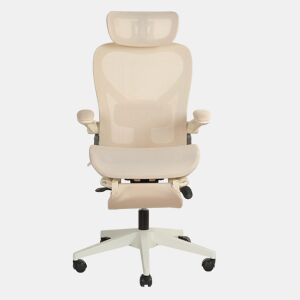 Cadeira de escritório ergonómica, dobrável e compacta, com apoio lombar, assento em malha deslizante, braços rebatíveis, apoio para a cabeça 3D e pedais de trabalho - creme