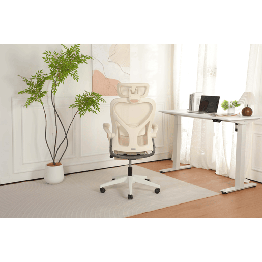Cadeira de escritório ergonómica, dobrável e compacta, com apoio lombar, assento em malha deslizante, braços rebatíveis, apoio para a cabeça 3D e pedais de trabalho - creme Cadeira de escritório ergonómica, dobrável e compacta, com apoio lombar, assento em malha deslizante, braços rebatíveis, apoio para a cabeça 3D e pedais de trabalho - creme