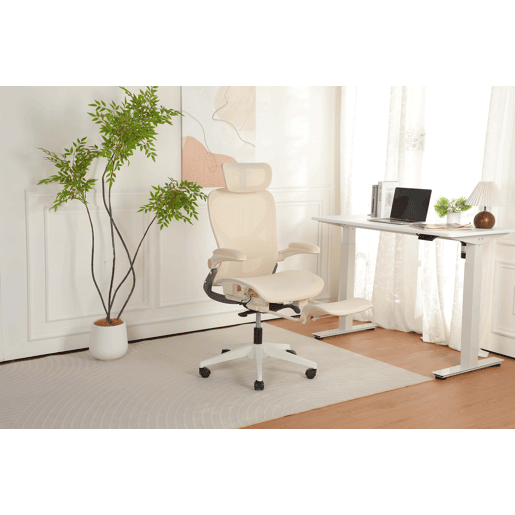 Cadeira de escritório ergonómica, dobrável e compacta, com apoio lombar, assento em malha deslizante, braços rebatíveis, apoio para a cabeça 3D e pedais de trabalho - creme Cadeira de escritório ergonómica, dobrável e compacta, com apoio lombar, assento em malha deslizante, braços rebatíveis, apoio para a cabeça 3D e pedais de trabalho - creme