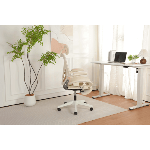 Cadeira de escritório ergonómica, dobrável e compacta, com apoio lombar, assento em malha deslizante, braços rebatíveis, apoio para a cabeça 3D e pedais de trabalho - creme Cadeira de escritório ergonómica, dobrável e compacta, com apoio lombar, assento em malha deslizante, braços rebatíveis, apoio para a cabeça 3D e pedais de trabalho - creme