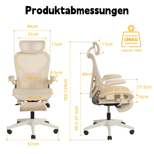 Cadeira de escritório ergonómica, dobrável e compacta, com apoio lombar, assento em malha deslizante, braços rebatíveis, apoio para a cabeça 3D e pedais de trabalho - creme Cadeira de escritório ergonómica, dobrável e compacta, com apoio lombar, assento em malha deslizante, braços rebatíveis, apoio para a cabeça 3D e pedais de trabalho - creme