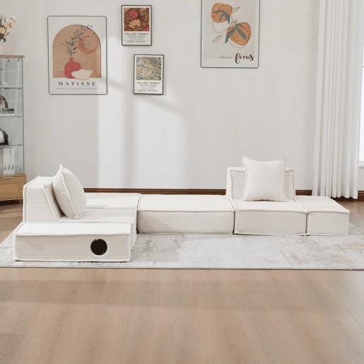 Sofá-cama de dois lugares u2013 sofá moderno em tecido com almofadas, pufe com espaço de arrumação e suportes para bebidas u2013 Bege