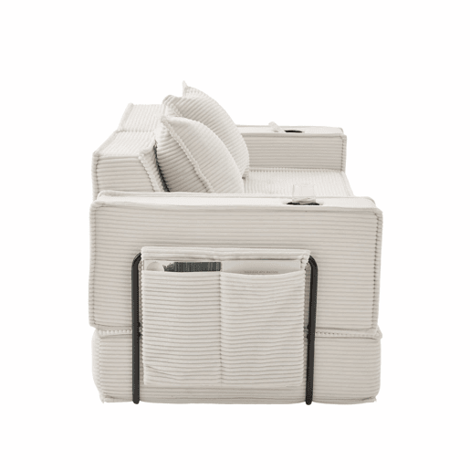 Sofá-cama de dois lugares u2013 sofá moderno em tecido com almofadas, pufe com espaço de arrumação e suportes para bebidas u2013 Bege
