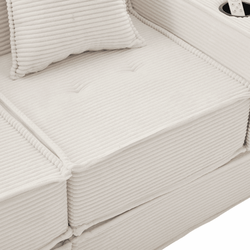 Sofá-cama de dois lugares u2013 sofá moderno em tecido com almofadas, pufe com espaço de arrumação e suportes para bebidas u2013 Bege
