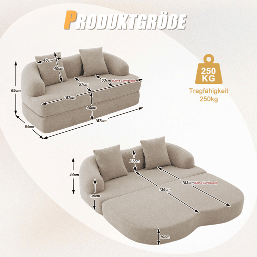 Sofá-cama de 2 lugares - sofá-cama rápido 2 em 1 com 2 almofadas, sofá-cama duplo para convidados - cor cáqui Sofá-cama de 2 lugares - sofá-cama rápido 2 em 1 com 2 almofadas, sofá-cama duplo para convidados - cor cáqui
