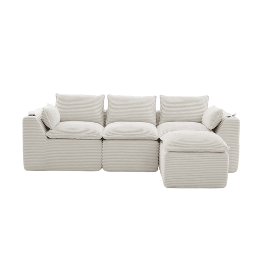 Sofá modular de 3 lugares com apoio para os pés u2014 almofadas, porta-copos, 2 bolsos laterais, espuma e molas, tecido de veludo cotelê u2014 bege