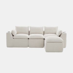 Sofá modular de 3 lugares com apoio para os pés u2014 almofadas, porta-copos, 2 bolsos laterais, espuma e molas, tecido de veludo cotelê u2014 bege