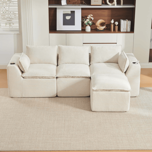 Sofá modular de 3 lugares com apoio para os pés u2014 almofadas, porta-copos, 2 bolsos laterais, espuma e molas, tecido de veludo cotelê u2014 bege