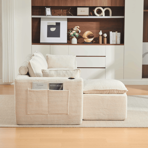 Sofá modular de 3 lugares com apoio para os pés u2014 almofadas, porta-copos, 2 bolsos laterais, espuma e molas, tecido de veludo cotelê u2014 bege