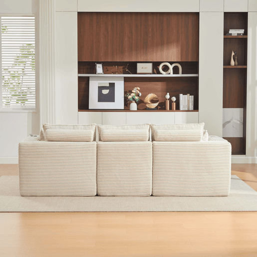 Sofá modular de 3 lugares com apoio para os pés u2014 almofadas, porta-copos, 2 bolsos laterais, espuma e molas, tecido de veludo cotelê u2014 bege