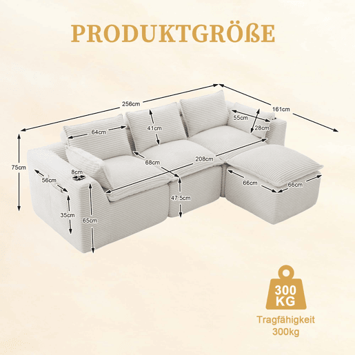 Sofá modular de 3 lugares com apoio para os pés u2014 almofadas, porta-copos, 2 bolsos laterais, espuma e molas, tecido de veludo cotelê u2014 bege