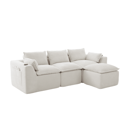 Sofá modular de 3 lugares com apoio para os pés u2014 almofadas, porta-copos, 2 bolsos laterais, espuma e molas, tecido de veludo cotelê u2014 bege