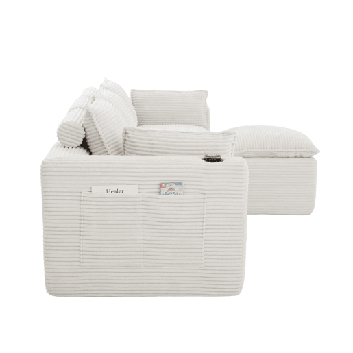 Sofá modular de 3 lugares com apoio para os pés u2014 almofadas, porta-copos, 2 bolsos laterais, espuma e molas, tecido de veludo cotelê u2014 bege