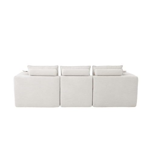 Sofá modular de 3 lugares com apoio para os pés u2014 almofadas, porta-copos, 2 bolsos laterais, espuma e molas, tecido de veludo cotelê u2014 bege