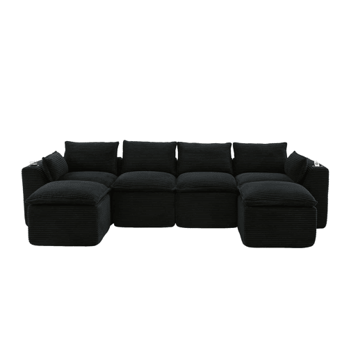 Sofá modular de 4 lugares - 2 apoios para os pés, almofadas, porta-copos, bolsos laterais, espumamolas, recuperação rápida, modular - veludo cotelê preto Sofá modular de 4 lugares - 2 apoios para os pés, almofadas, porta-copos, bolsos laterais, espumamolas, recuperação rápida, modular - veludo cotelê preto