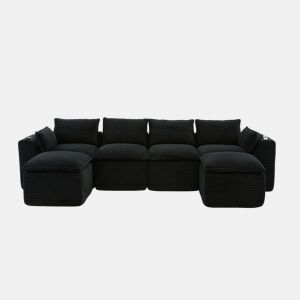 Sofá modular de 4 lugares - 2 apoios para os pés, almofadas, porta-copos, bolsos laterais, espumamolas, recuperação rápida, modular - veludo cotelê preto